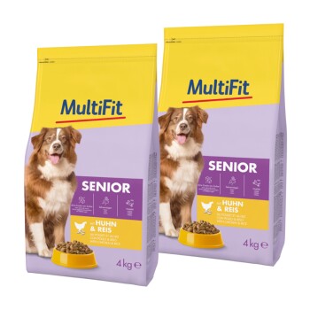 Zwei 4 kg Säcke MultiFit Senior Hundefutter, mit einem braun-weißen Hund und "Huhn & Reis" auf der Vorderseite.