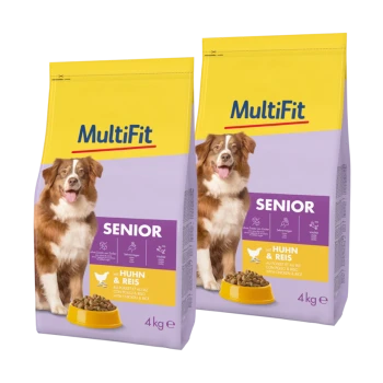 Zwei 4 kg Säcke MultiFit Senior Hundefutter, mit einem braun-weißen Hund und "Huhn & Reis" auf der Vorderseite.