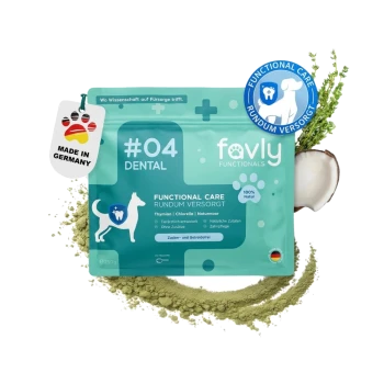 Eine Dose Haustier-Zahnpulver mit der Aufschrift "04 DENTAL PULVER", mit Petersilie, Silica, Chlorella, einem Apfelschnitz und frischer Petersilie.