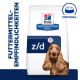 Hill's Prescription Diet z/d Hundefutterbeutel mit einem goldenen Cocker Spaniel, mit dem Text 'FUTTERMITTEL-EMPFINDLICHKEITEN' und 'ORIGINAL.'