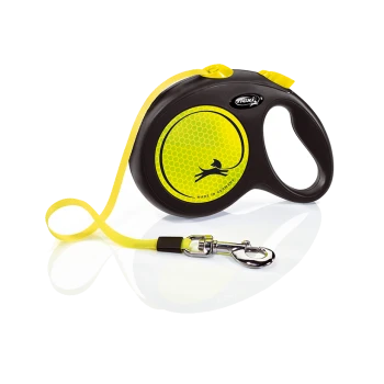 Une laisse de chien rétractable avec une poignée noire et un ruban jaune vif, présentant un motif en nid d'abeille et une silhouette de chien.