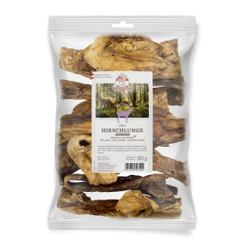 Eine transparente Tüte gefüllt mit getrockneten Rehlungen-Leckerlis für Haustiere, beschriftet mit "Edle Hirschlunge," 300g, mit einem malerischen Waldhintergrund auf der Verpackung.