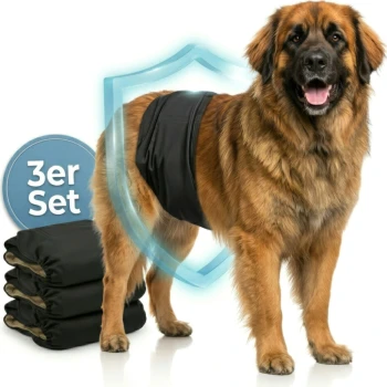 Ein Bernhardiner-Hund, der eine blaue Haustierwindel trägt, steht vor drei Windeloptionen: blau, grün und schwarz, beschriftet mit "3er-Set."