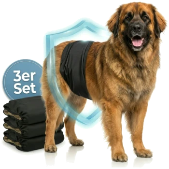 Ein Bernhardiner-Hund, der eine blaue Haustierwindel trägt, steht vor drei Windeloptionen: blau, grün und schwarz, beschriftet mit "3er-Set."
