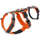 Orangefarbene Hundegeschirr mit gepolsterten Riemen und verstellbaren Schnallen, mit einem Metall-D-Ring zur Leinenbefestigung.
