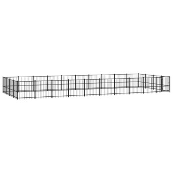 Schwarzer Metall-Haustierspielzaun mit mehreren Paneelen und einem Tor, entworfen für den Innen- oder Außenbereich.