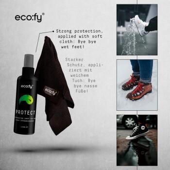 Eco:fy Protect Imprägnierspray mit einem Tuch, das starken Schutz bei nassen Füßen und Schuhen unter nassen Bedingungen hervorhebt.