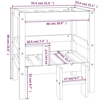 Illustration einer Futterstation für Haustiere mit in Zentimetern und Zoll beschrifteten Abmessungen, die ein zweistufiges Design mit laminierten Regalen zeigt.