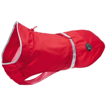 Rote wasserdichte Hundejacke mit reflektierenden Streifen und einem Logo, entworfen für den Schutz im Freien.