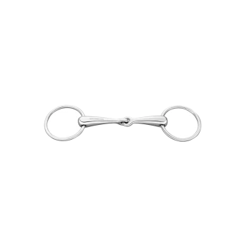Ein glänzendes Edelstahl-Pferdegebiss mit zwei runden Ringen an jedem Ende, das für den Reitsport konzipiert ist.