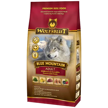 Premium-Hundefutterbeutel beschriftet mit 'WOLFSBLUT BLUE MOUNTAIN ADULT', mit einem Wolfbild, mit Text über Zutaten und Vorteile.
