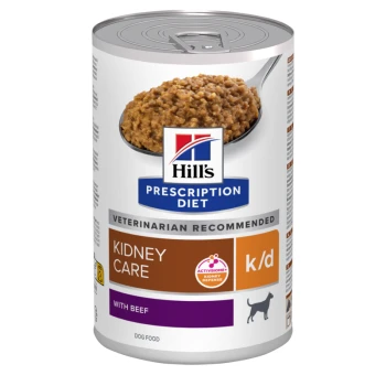 Hill's Prescription Diet Dosenfutter für Hunde zur Nierenpflege, mit Rindfleisch, das eine strukturierte Fleischmischung und das Etikett "Vom Tierarzt empfohlen" aufweist.