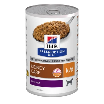 Karma w puszce Hill's Prescription Diet dla psów z problemami nerkowymi, z wołowiną, z teksturowaną mieszanką mięsa i etykietą "Zalecane przez weterynarzy."