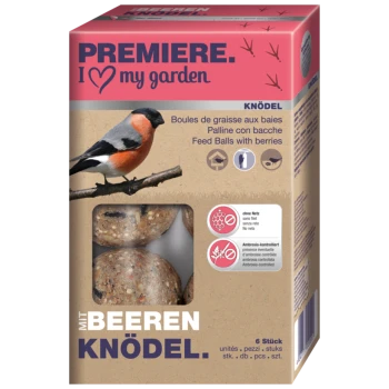 Eine Schachtel mit Vogelfutterbällchen mit Beeren und einem Gimpel. Text: "PREMIERE. I ❤️ meinen Garten", "Futterbällchen mit Beeren", "6 Stück."