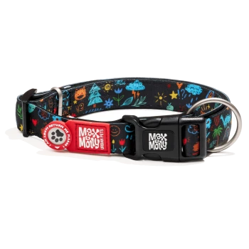 Schwarzes Hundehalsband mit buntem Kritzelmuster, Metall-D-Ring, Schnalle mit der Aufschrift „Max & Molly“ und rotem Anhänger „Max & Molly Urban Pets“.