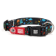 Schwarzes Hundehalsband mit buntem Kritzelmuster, Metall-D-Ring, Schnalle mit der Aufschrift „Max & Molly“ und rotem Anhänger „Max & Molly Urban Pets“.