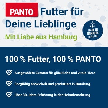 PANTO Haustierfutter-Werbung mit dem Slogan 'Futter für Deine Lieblinge' und Details zu Zutaten und Produktion in Hamburg.