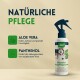 Natürliche Tierpflege-Sprühflasche mit Aloe Vera und Panthenol, mit Text, der die Vorteile für Hautlinderung und Heilung hervorhebt.