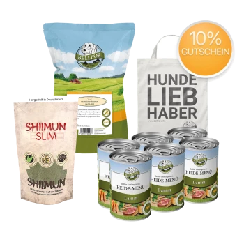 Haustierfutter-Kollektion: Bellfor Fleischstreifen-Tüte, Shiimun Slim-Pack, 8 Bellfor Heide-Menü Lamm-Dosen, Tragetasche und 10%-Rabattmarke.