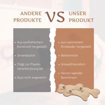 Vergleichstabelle, die die Unterschiede zwischen synthetischen Haustierprodukten und einem natürlichen Rindslederprodukt hervorhebt, mit aufgeführten Hauptvorteilen.