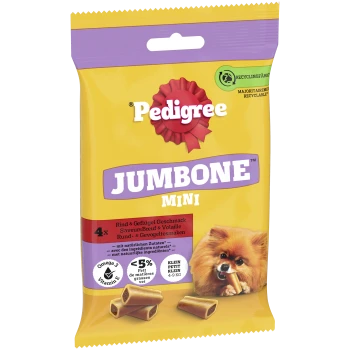 Pedigree Jumbone Mini Hundesnacks für kleine Hunde 4-9 kg, Rind- und Geflügelgeschmack, mit Omega 3 und Vitamin E.