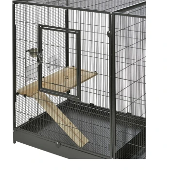 Ein Metallhaustierkäfig mit einer Holzstange und einer kleinen Tür, entworfen für kleine Tiere, mit einem schwarzen Rahmen und Drahtgeflecht.