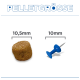 Überschrift 'PELLETGRÖSSE'; linkes Krokettenpellet mit Beschriftung 10,5 mm; rechts blaue Stecknadel mit Beschriftung 10 mm zum Größenvergleich.