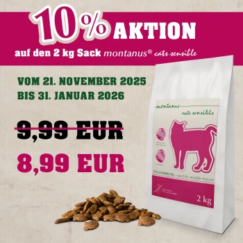Eine 2 kg Tüte Katzenfutter mit der Aufschrift 'montanus cats sensible', die eine pinke Silhouette einer Katze zeigt, mit Text, der angibt, dass es für empfindliche Katzen geeignet ist.