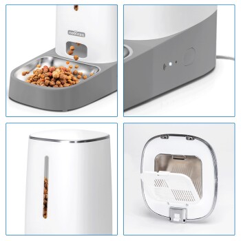 Grauer und weißer automatischer Futterspender für Haustiere mit einer Kibble-Schale, Bedienfeld und klarem Futterlagerfach.