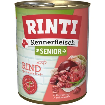 Dose Hundefutter mit der Aufschrift "RINTI Kennerfleisch Senior" mit Rindfleisch, getreidefrei, fettarm und mit Ballaststoffen, hervorgehoben auf einem bunten Hintergrund.