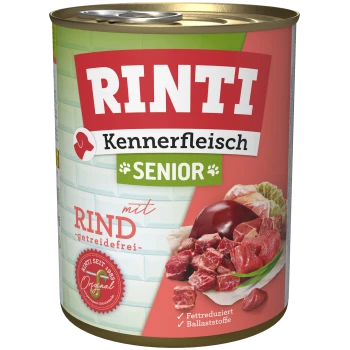 Dose Hundefutter mit der Aufschrift "RINTI Kennerfleisch Senior" mit Rindfleisch, getreidefrei, fettarm und mit Ballaststoffen, hervorgehoben auf einem bunten Hintergrund.