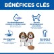 Deux chiots beagle avec une gamelle de croquettes sous le titre français 'BÉNÉFICES CLÉS' avec des icônes montrant la croissance et la digestion