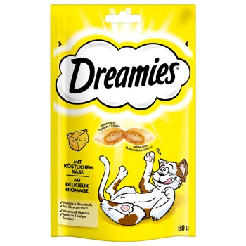 Emballage jaune pour les friandises pour chats Dreamies avec une illustration de chat ludique, avec un texte mettant en avant "mit köstlichem Käse" et des allégations nutritionnelles.
