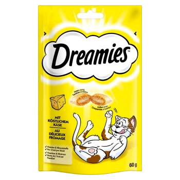 Gelbe Verpackung für Dreamies-Katzenleckerlis mit einer verspielten Katzenillustration, mit Text, der 'mit köstlichem Käse' und Nährwertangaben hervorhebt.