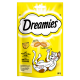 Gelbe Verpackung für Dreamies-Katzenleckerlis mit einer verspielten Katzenillustration, mit Text, der 'mit köstlichem Käse' und Nährwertangaben hervorhebt.