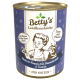 Dose Katzenfutter von Betty's Landhausküche mit einer Kochillustration, beschriftet mit "Huhn & Fasan mit Borretschöl & Taurin", mit "Extra viel Fleisch".