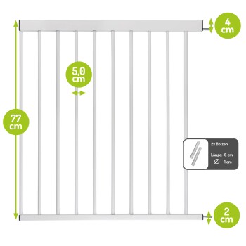 Weißes Haustiersicherheitsgitter mit vertikalen Stäben, 77 cm hoch und 5 cm Abstand zwischen den Stäben, einschließlich Installationsdetails.