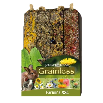 Eine Verpackung mit getreidefreiem Haustierfutter mit vier Kräutersticks, die einen Hasen und ein Meerschweinchen zeigt, beschriftet mit "Grainless" und "Farmy’s XXL."