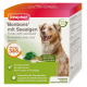 Friandises pour chiens Beaphar avec algues, présentant un chien heureux sur l'emballage. Le texte met en avant Omega 3 & 6, soutient la peau, le pelage et la fonction intestinale.