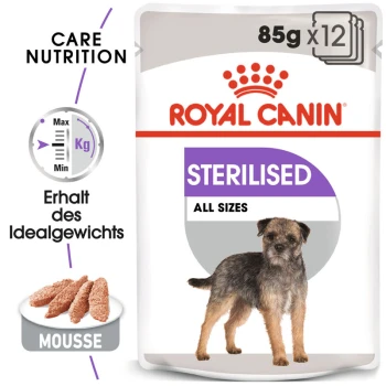 Royal Canin Sterilised Hundefutterverpackung mit einem kleinen Hund, mit dem Text "85g x 12," "Sterilised," und "All Sizes."
