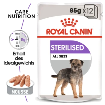 Royal Canin Sterilised Hundefutterverpackung mit einem kleinen Hund, mit dem Text "85g x 12," "Sterilised," und "All Sizes."