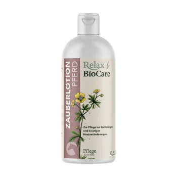 Flasche Relax BioCare Zauberlotion für Pferde, mit floralem Design, mit Text, der angibt, dass sie für Hautpflege und Behandlung ist.