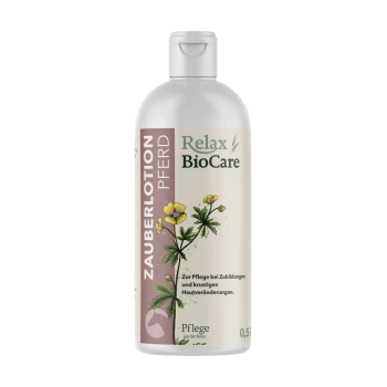 Flasche Relax BioCare Zauberlotion für Pferde, mit floralem Design, mit Text, der angibt, dass sie für Hautpflege und Behandlung ist.
