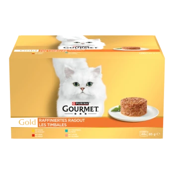 Purina Gourmet Gold Katzenfutterbox mit weißer langhaariger Katze, Teller mit Ragout und Schriftzug 'Raffiniertes Ragout Les Timbales'