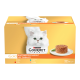 Purina Gourmet Gold Katzenfutterbox mit weißer langhaariger Katze, Teller mit Ragout und Schriftzug 'Raffiniertes Ragout Les Timbales'