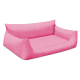 Rosa Haustiersofa mit weichem Stoff und erhöhten Seiten, entworfen für kleine bis mittelgroße Haustiere.