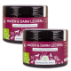 Zwei Gläser 'Magen & Darm Leckerli' Hundesupplemente, auf Deutsch beschriftet, mit einem lila Design und Recycling-Symbolen sowie Haustierillustrationen.