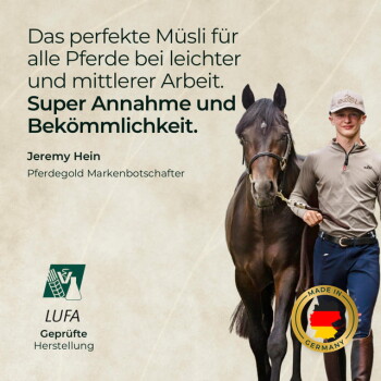 Mann führt ein dunkelbraunes Pferd in einer Anzeige mit deutschem Text 'Das perfekte Müsli', LUFA‑ und 'Made in Germany'‑Logos.