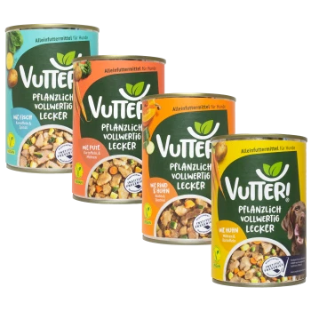 Vier Dosen Vutter Hundefutter, gekennzeichnet als vegan und pflanzenbasiert, mit den Geschmacksrichtungen: Fisch, Truthahn, Rind & Huhn und Huhn.