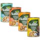 Vier Dosen Vutter Hundefutter, gekennzeichnet als vegan und pflanzenbasiert, mit den Geschmacksrichtungen: Fisch, Truthahn, Rind & Huhn und Huhn.